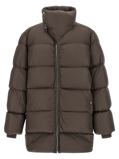 Puffer Jacket by Rick Owens for men in plush nylon cotton & goose-down brown features a dramatic silhouette, showcasing a sophisticated turtle neckline and distinctive insulated for a dramatic aesthetic.