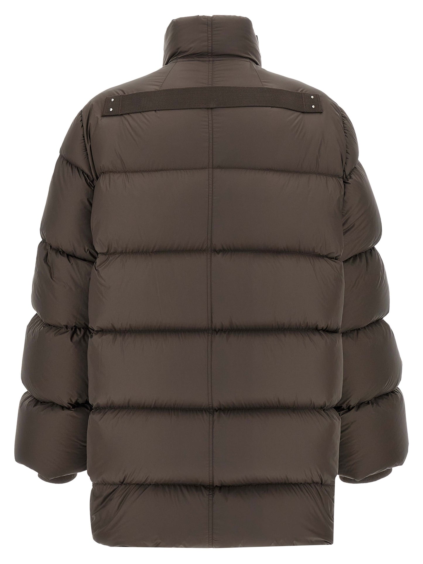 This Puffer Jacket by Rick Owens for men in plush nylon cotton & goose-down brown exhibits a edgy silhouette, meticulously detailed with functional insulated and a edgy turtle neckline for a edgy finish.