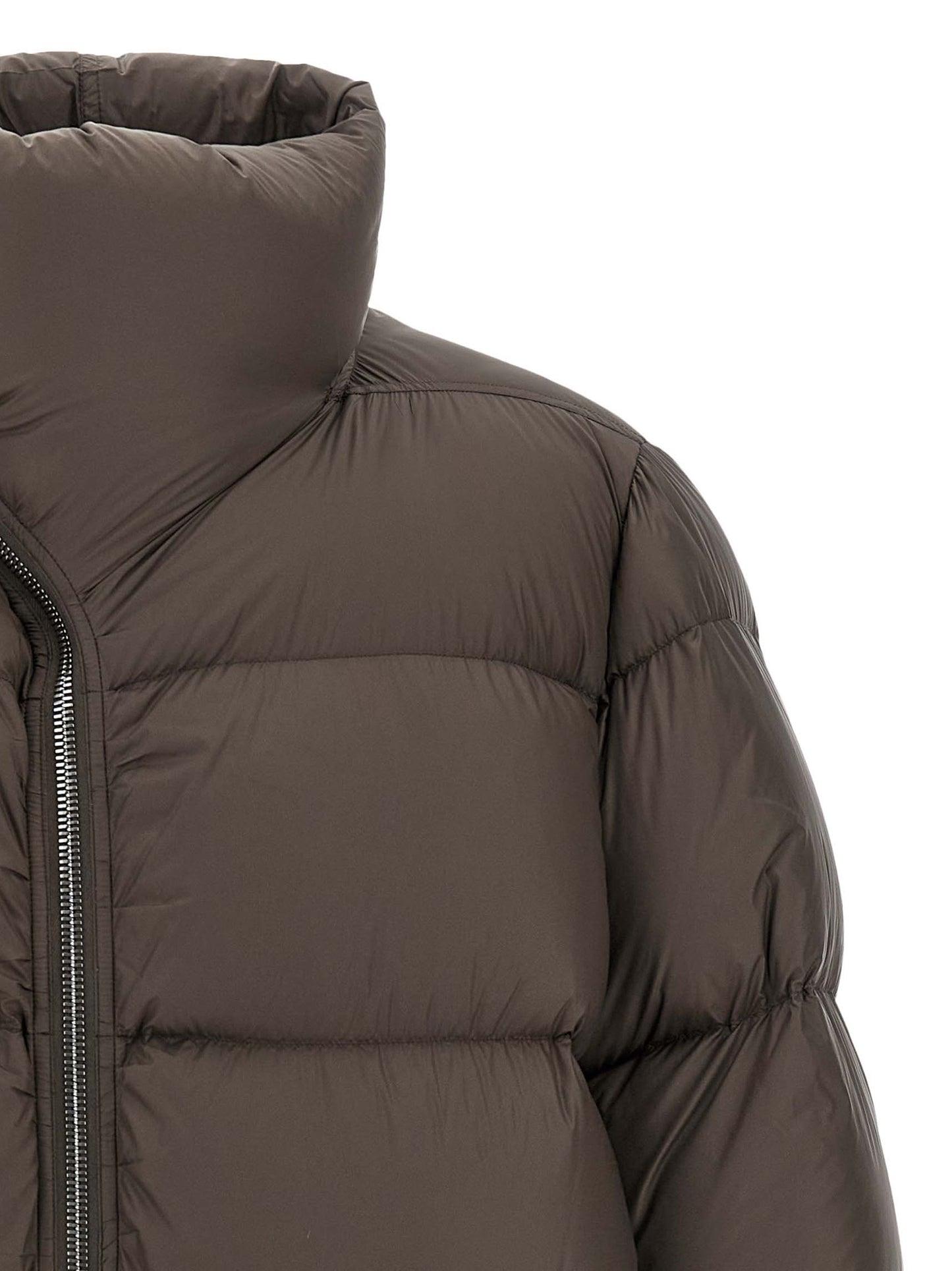Puffer Jacket by Rick Owens for men in plush nylon cotton & goose-down brown features an contemporary silhouette, showcasing a sophisticated turtle neckline and contemporary insulated for a truly refined look.