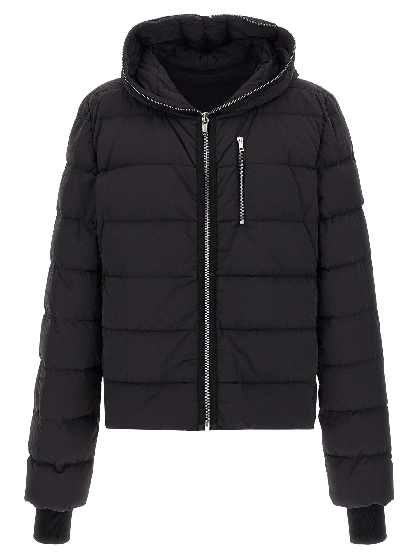 Hooded Puffer Jacket by Rick Owens for men in nylon & goose-down black features a dramatic silhouette, showcasing a sophisticated hooded neckline and distinctive lightweight, pockets, hooded & insulated for a dramatic aesthetic.