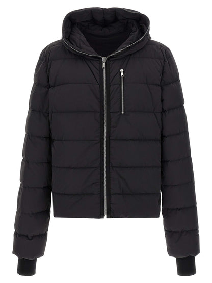 Hooded Puffer Jacket by Rick Owens for men in nylon & goose-down black features a dramatic silhouette, showcasing a sophisticated hooded neckline and distinctive lightweight, pockets, hooded & insulated for a dramatic aesthetic.