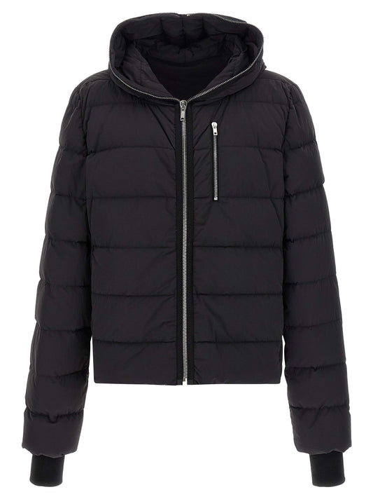 Hooded Puffer Jacket by Rick Owens for men in nylon & goose-down black features a dramatic silhouette, showcasing a sophisticated hooded neckline and distinctive lightweight, pockets, hooded & insulated for a dramatic aesthetic.