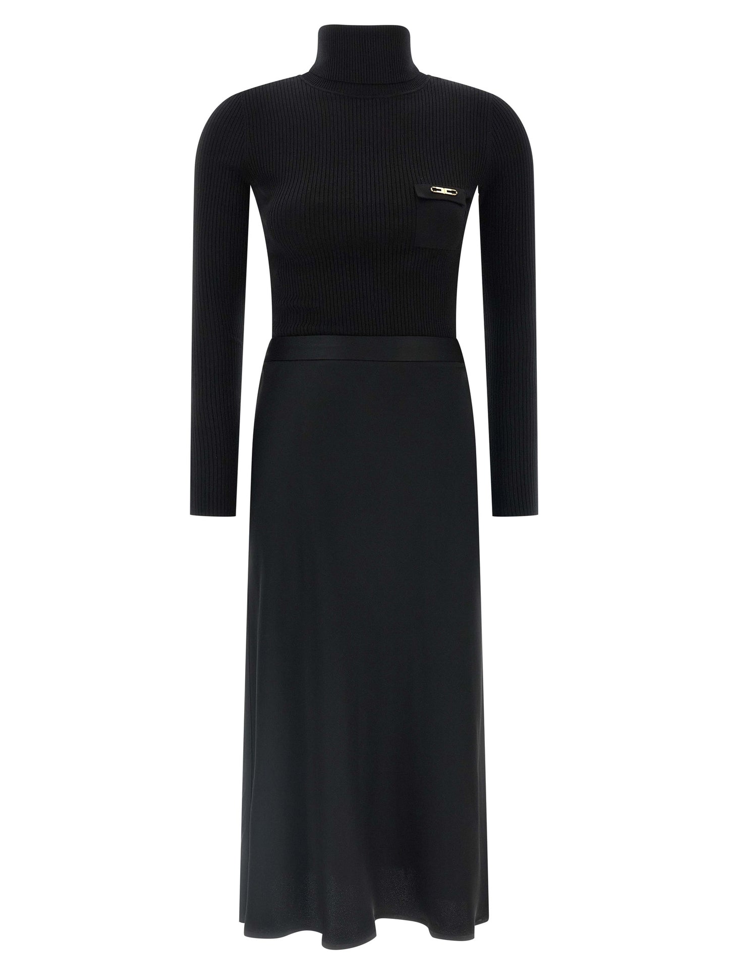 Dress by Elisabetta Franchi for women in polyamide lyocell silk satin black & gold features a dramatic silhouette, showcasing an elegant turtle neckline and long-sleeve that flows into a dramatic midi.