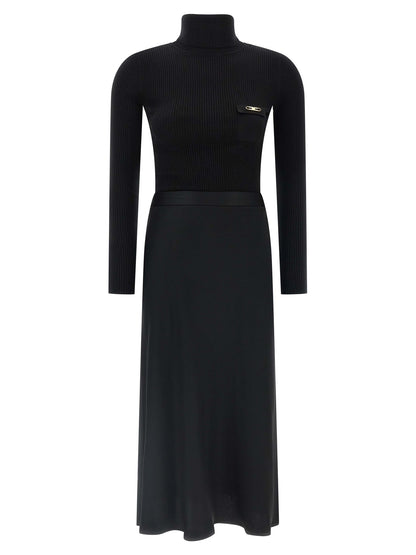 Dress by Elisabetta Franchi for women in polyamide lyocell silk satin black & gold features a dramatic silhouette, showcasing an elegant turtle neckline and long-sleeve that flows into a dramatic midi.