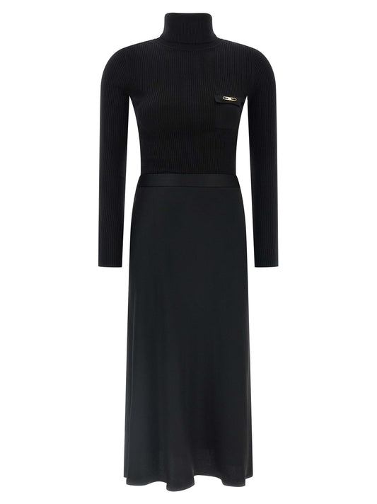 Dress by Elisabetta Franchi for women in polyamide lyocell silk satin black & gold features a dramatic silhouette, showcasing an elegant turtle neckline and long-sleeve that flows into a dramatic midi.