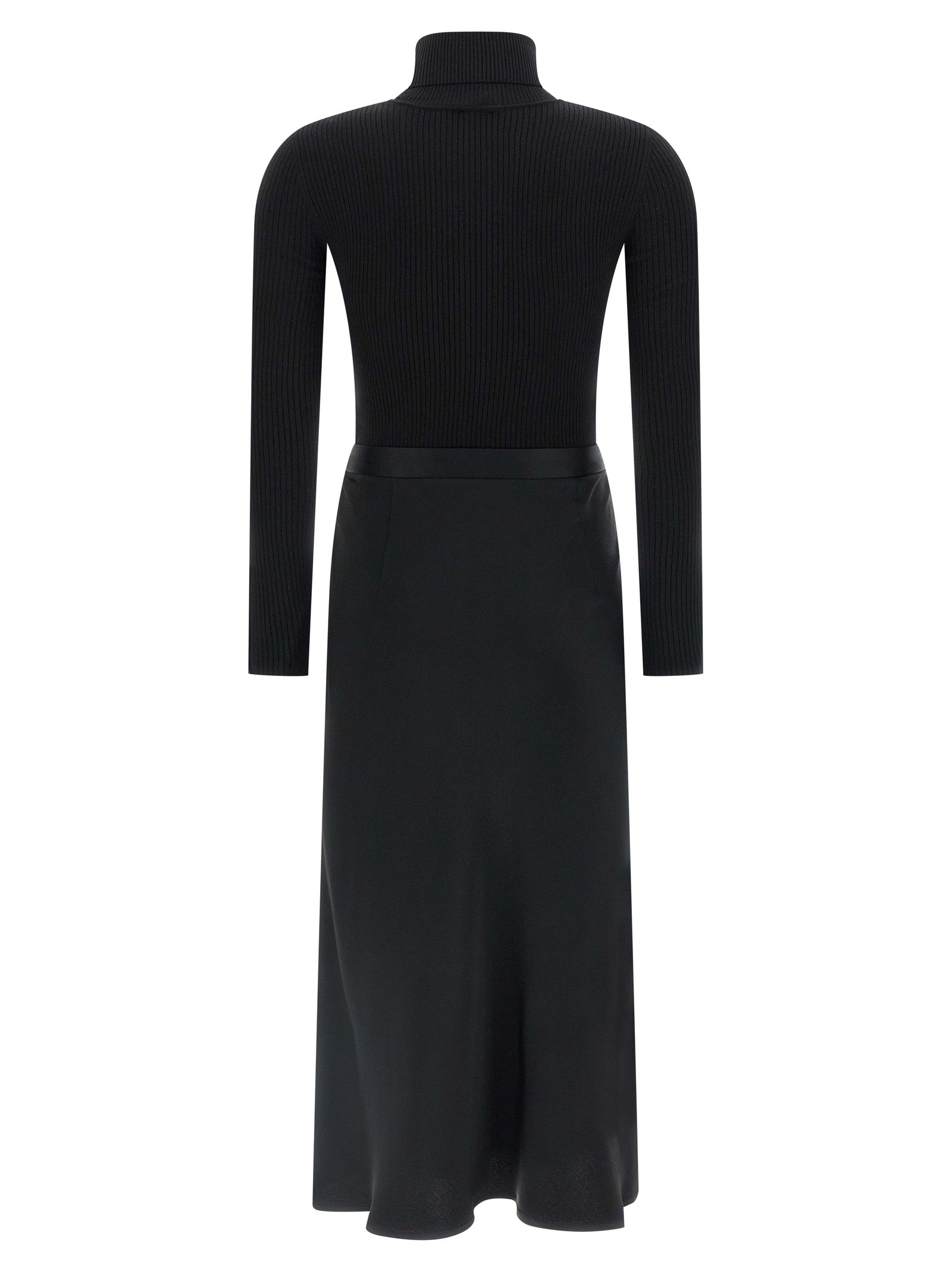 Dress by Elisabetta Franchi for women in polyamide lyocell silk satin black & gold features a dramatic silhouette, showcasing an elegant turtle neckline and that flows into a dramatic midi.