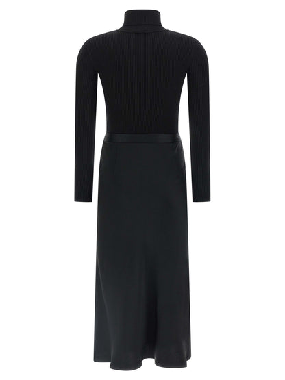 Dress by Elisabetta Franchi for women in polyamide lyocell silk satin black & gold features a dramatic silhouette, showcasing an elegant turtle neckline and that flows into a dramatic midi.
