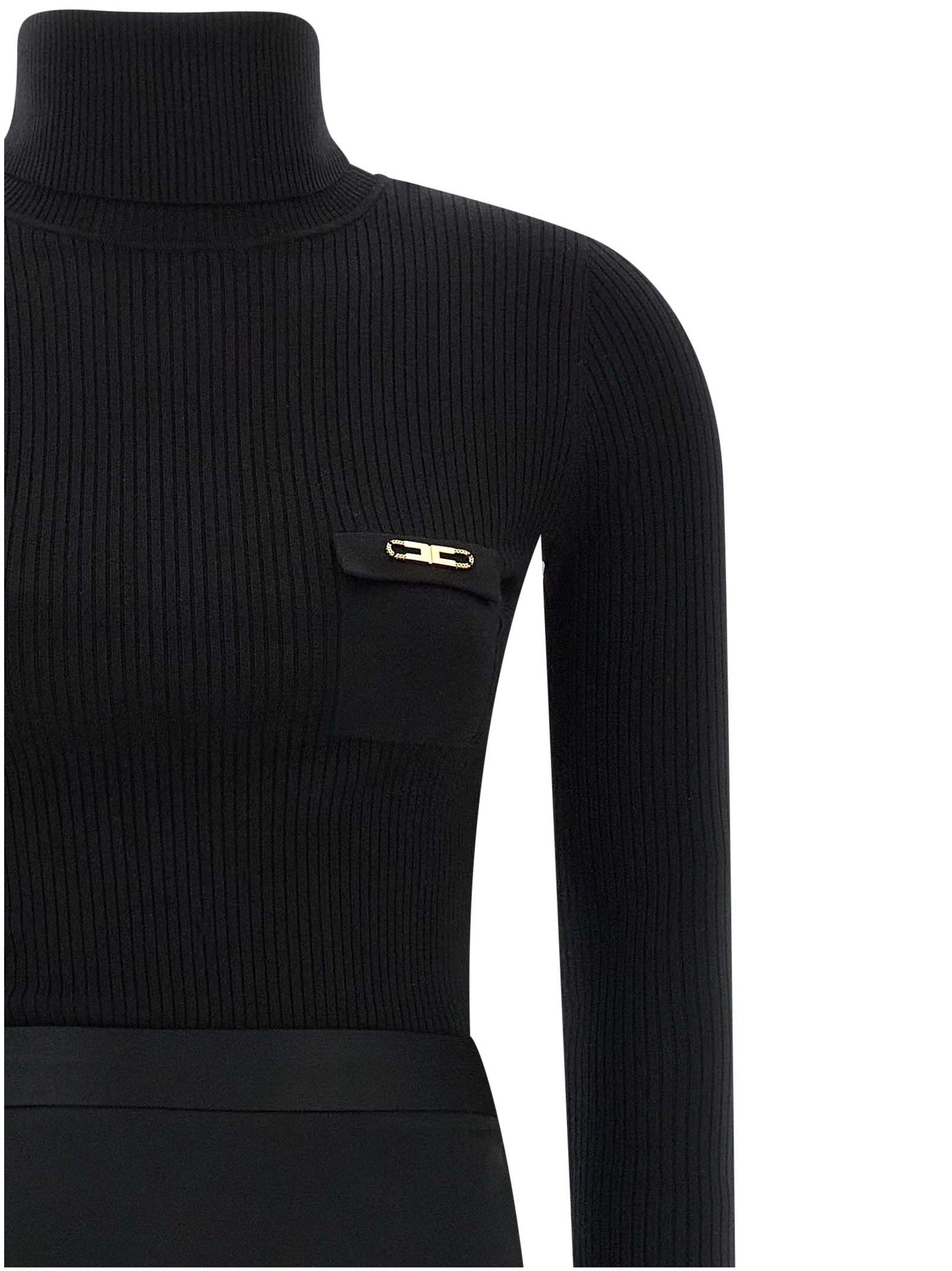 Dress by Elisabetta Franchi for women in polyamide lyocell silk satin black & gold showcases a striking silhouette, elegantly detailed with a , refined turtle neckline, and a striking midi for a striking finish.