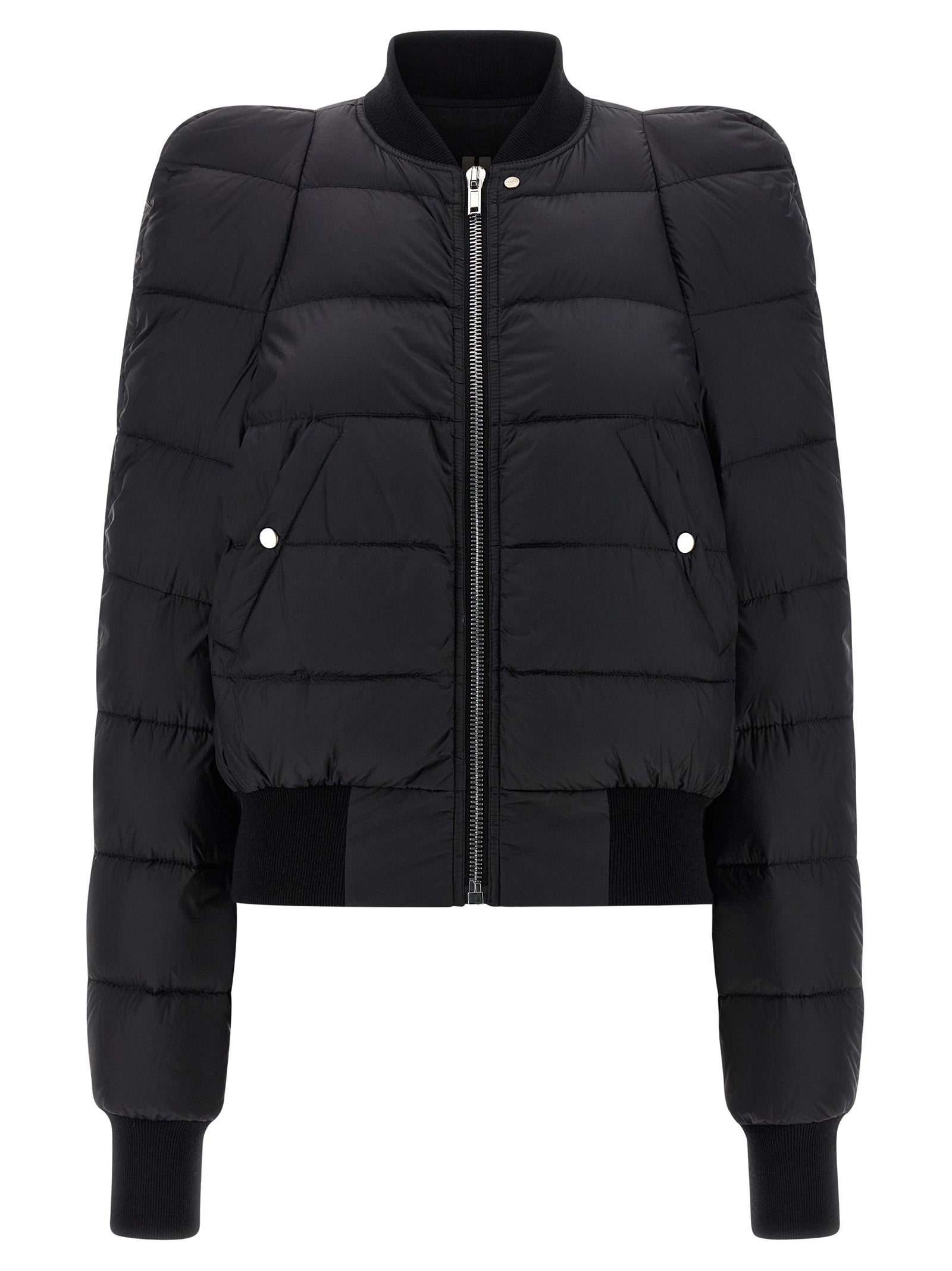 Bomber Jacket by Rick Owens for women in nylon & goose-down black features an on trend silhouette, showcasing refined insulated and a sophisticated high-neck neckline for a truly on trend finish.