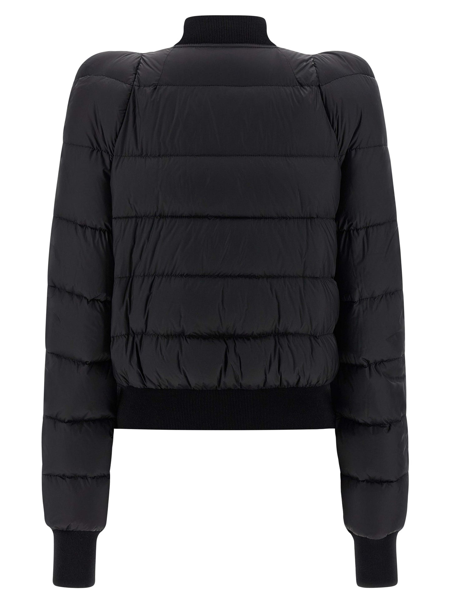 Bomber Jacket by Rick Owens for women in nylon & goose-down black showcases a bohemian silhouette, artfully detailed with a bohemian high-neck neckline and signature insulated for a truly bohemian finish.