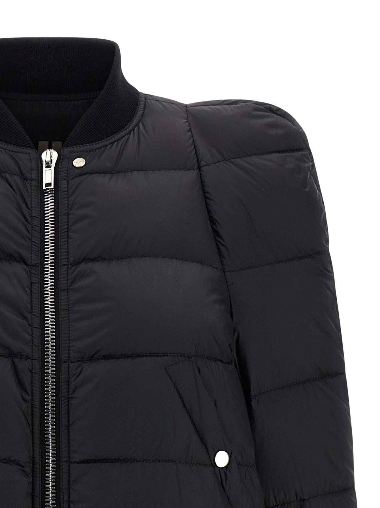 Bomber Jacket by Rick Owens for women in nylon & goose-down black features a city-ready silhouette, detailed with insulated and a city-ready high-neck neckline.