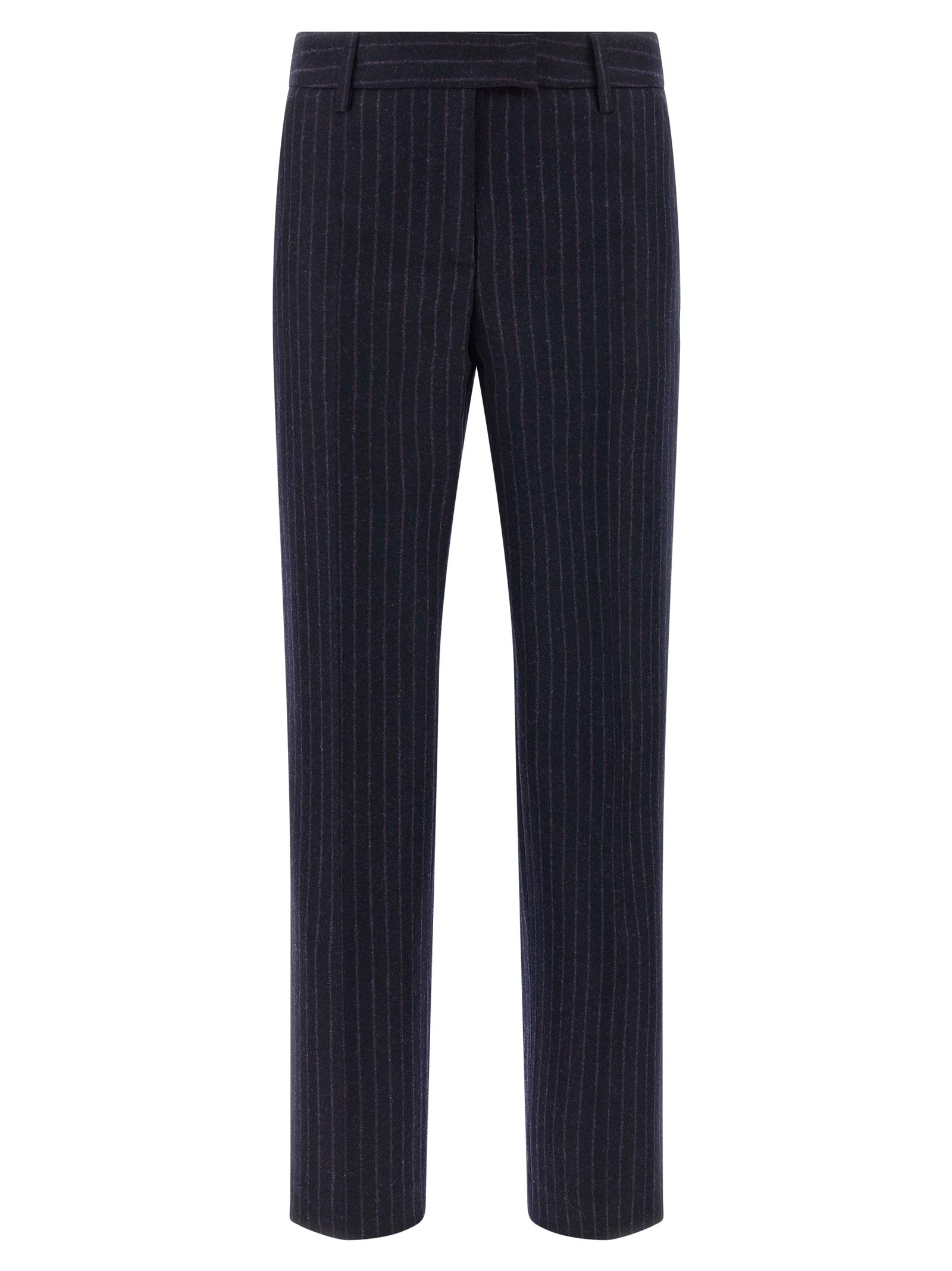 Trousers by Alberto Biani for women in virgin wool blue & pinstripe features an on trend silhouette, showcasing a sophisticated straight-leg with a long and for an on trend finish.