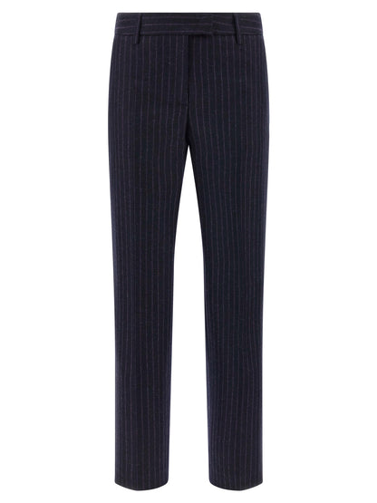 Trousers by Alberto Biani for women in virgin wool blue & pinstripe features an on trend silhouette, showcasing a sophisticated straight-leg with a long and for an on trend finish.