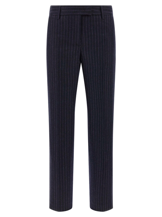 Trousers by Alberto Biani for women in virgin wool blue & pinstripe features an on trend silhouette, showcasing a sophisticated straight-leg with a long and for an on trend finish.