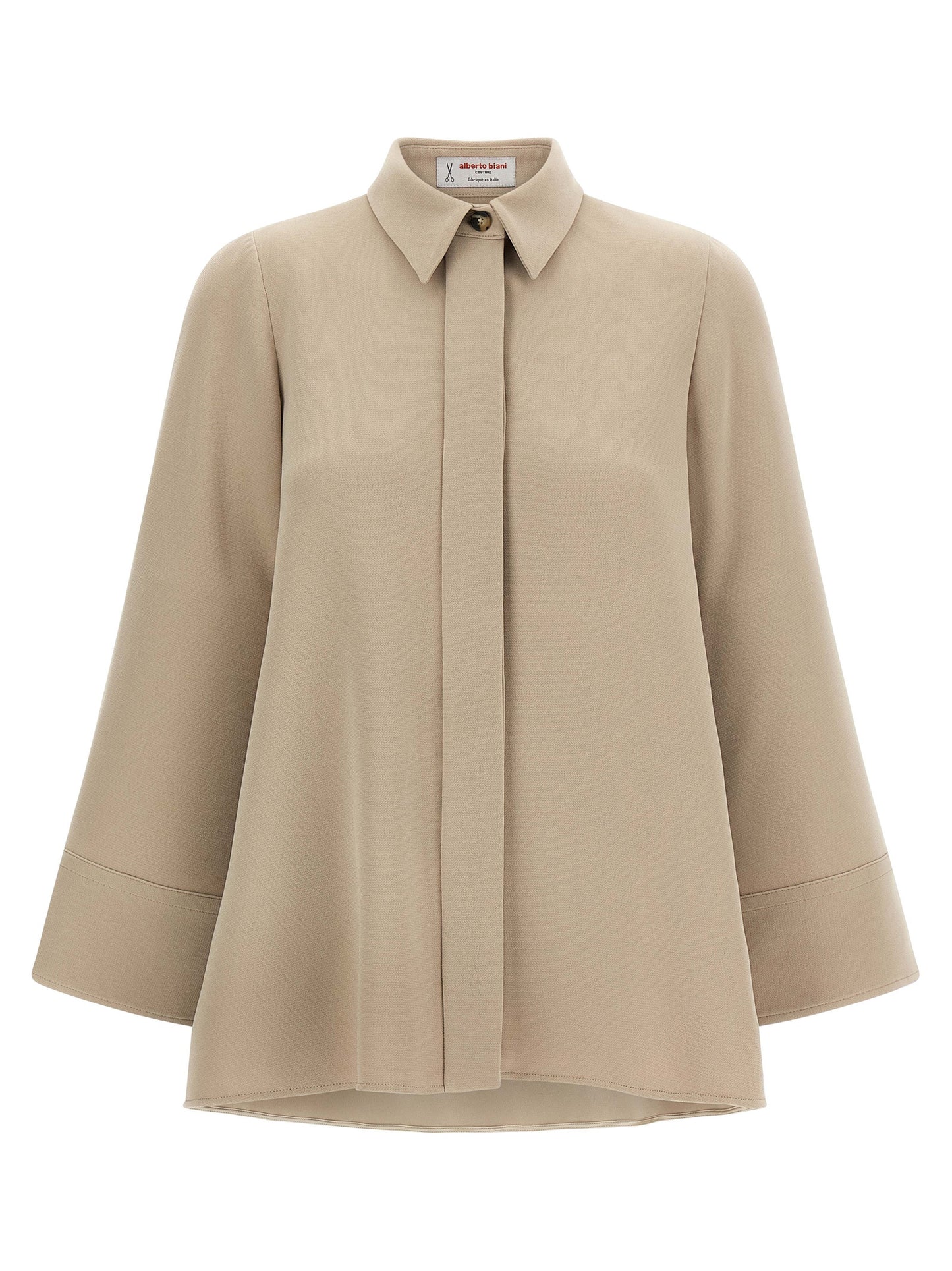 Blouse by Alberto Biani for women in polyester beige showcases a sharp silhouette, elegantly detailed with a sharp asymmetric neckline and sharp three-quarter-sleeve.