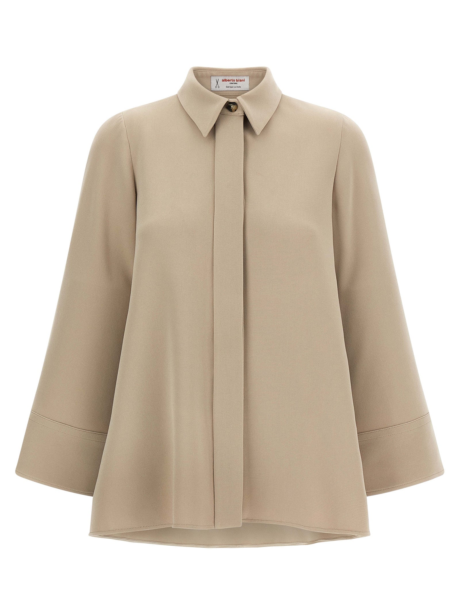 Blouse by Alberto Biani for women in polyester beige showcases a sharp silhouette, elegantly detailed with a sharp asymmetric neckline and sharp three-quarter-sleeve.