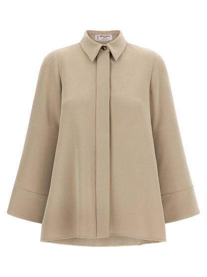 Blouse by Alberto Biani for women in polyester beige showcases a sharp silhouette, elegantly detailed with a sharp asymmetric neckline and sharp three-quarter-sleeve.