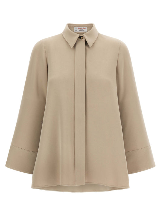 Blouse by Alberto Biani for women in polyester beige showcases a sharp silhouette, elegantly detailed with a sharp asymmetric neckline and sharp three-quarter-sleeve.