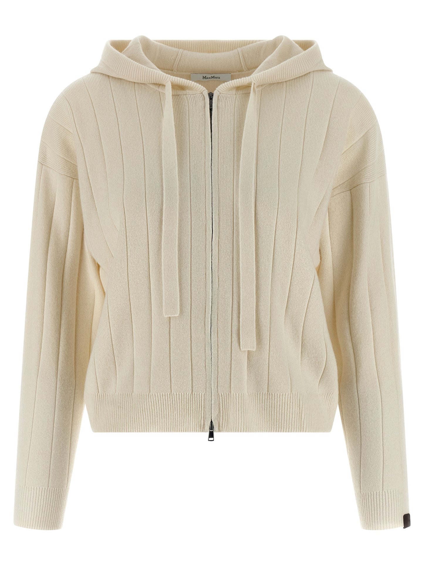 Hooded Cardigan by Max Mara for women in cashmere & leather white showcases a captivating silhouette, artfully detailed with a captivating and hooded neckline for a truly sophisticated captivating look.