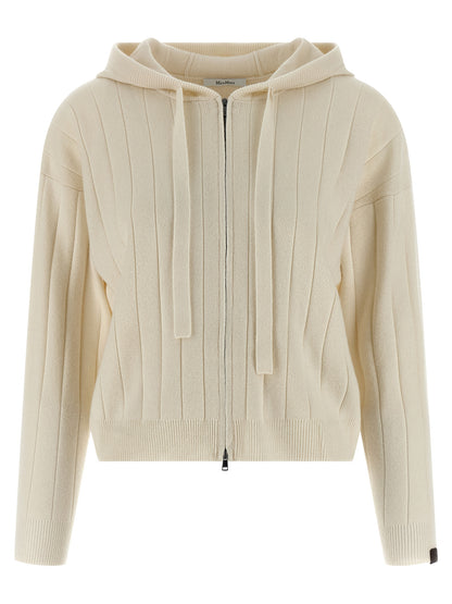 Hooded Cardigan by Max Mara for women in cashmere & leather white showcases a captivating silhouette, artfully detailed with a captivating and hooded neckline for a truly sophisticated captivating look.