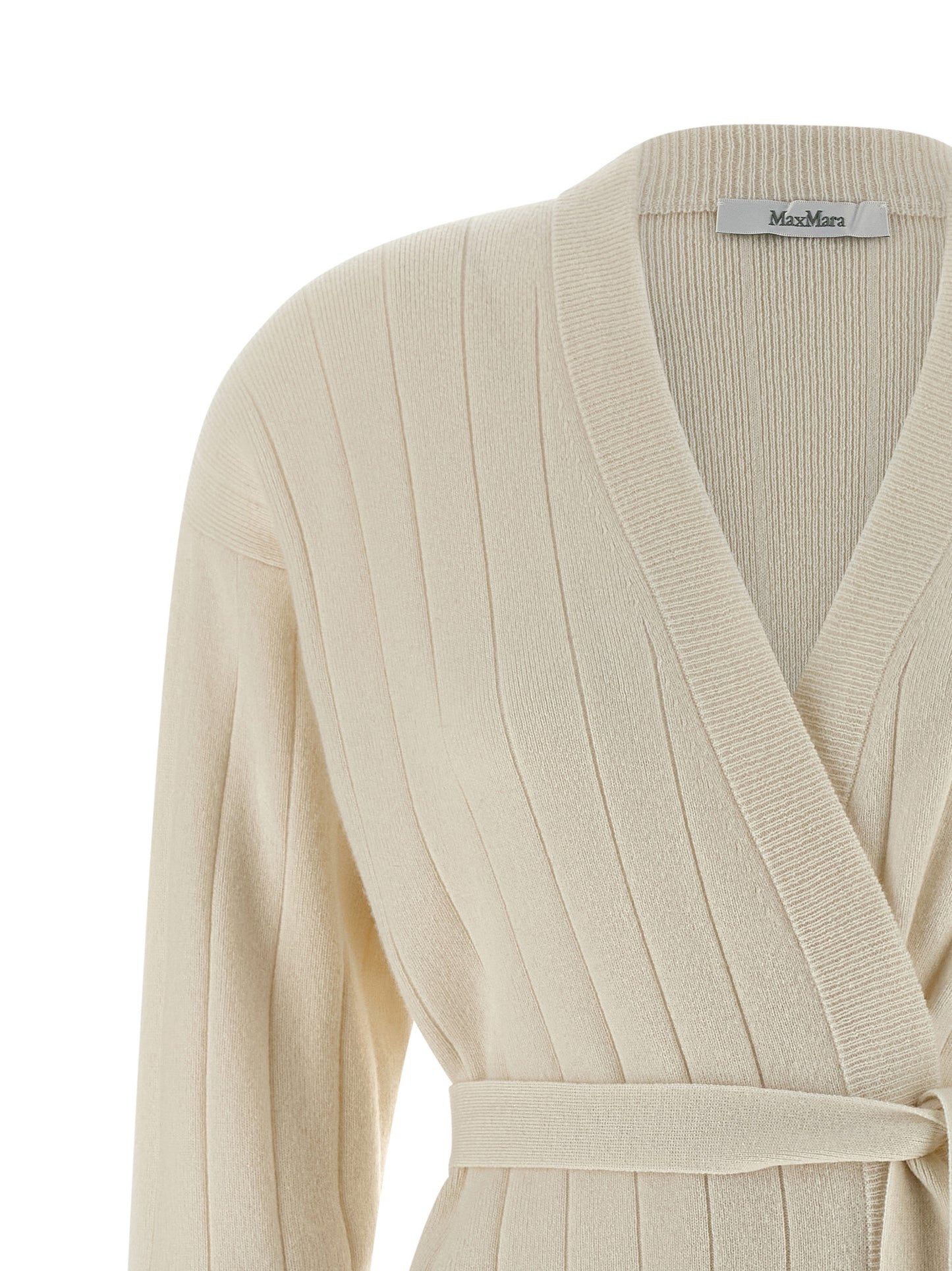 Cardigan by Max Mara for women in cashmere & leather white features a nuanced silhouette with a refined wrap neckline and nuanced detailing for a sophisticated look.
