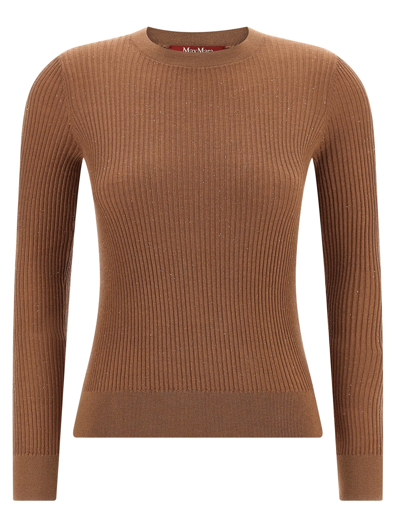 Cardigan by Max Mara for women in silk wool & sequins beige features an impeccable silhouette, showcasing a sophisticated crew neckline and long-sleeve detail for a truly impeccable finish.