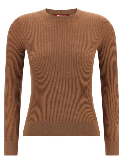 Cardigan by Max Mara for women in silk wool & sequins beige features an impeccable silhouette, showcasing a sophisticated crew neckline and long-sleeve detail for a truly impeccable finish.