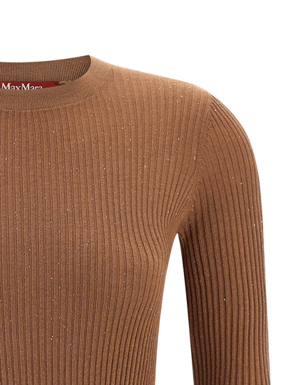 Cardigan by Max Mara for women in silk wool & sequins beige showcases a captivating silhouette, artfully detailed with a captivating and crew neckline for a truly sophisticated captivating look.
