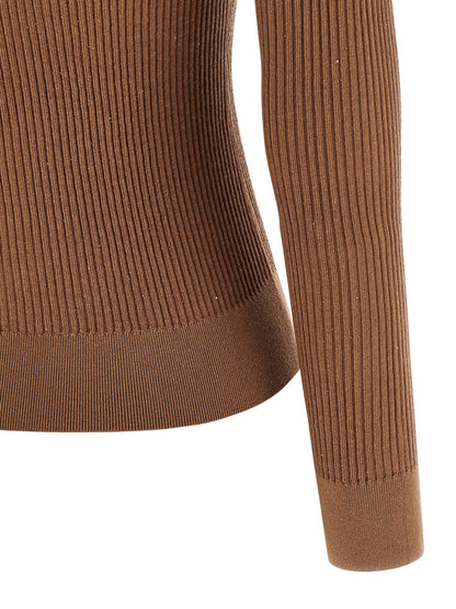 Cardigan by Max Mara for women in silk wool & sequins beige features a dramatic silhouette, showcasing a sophisticated and dramatic detail for a timeless, premium look.