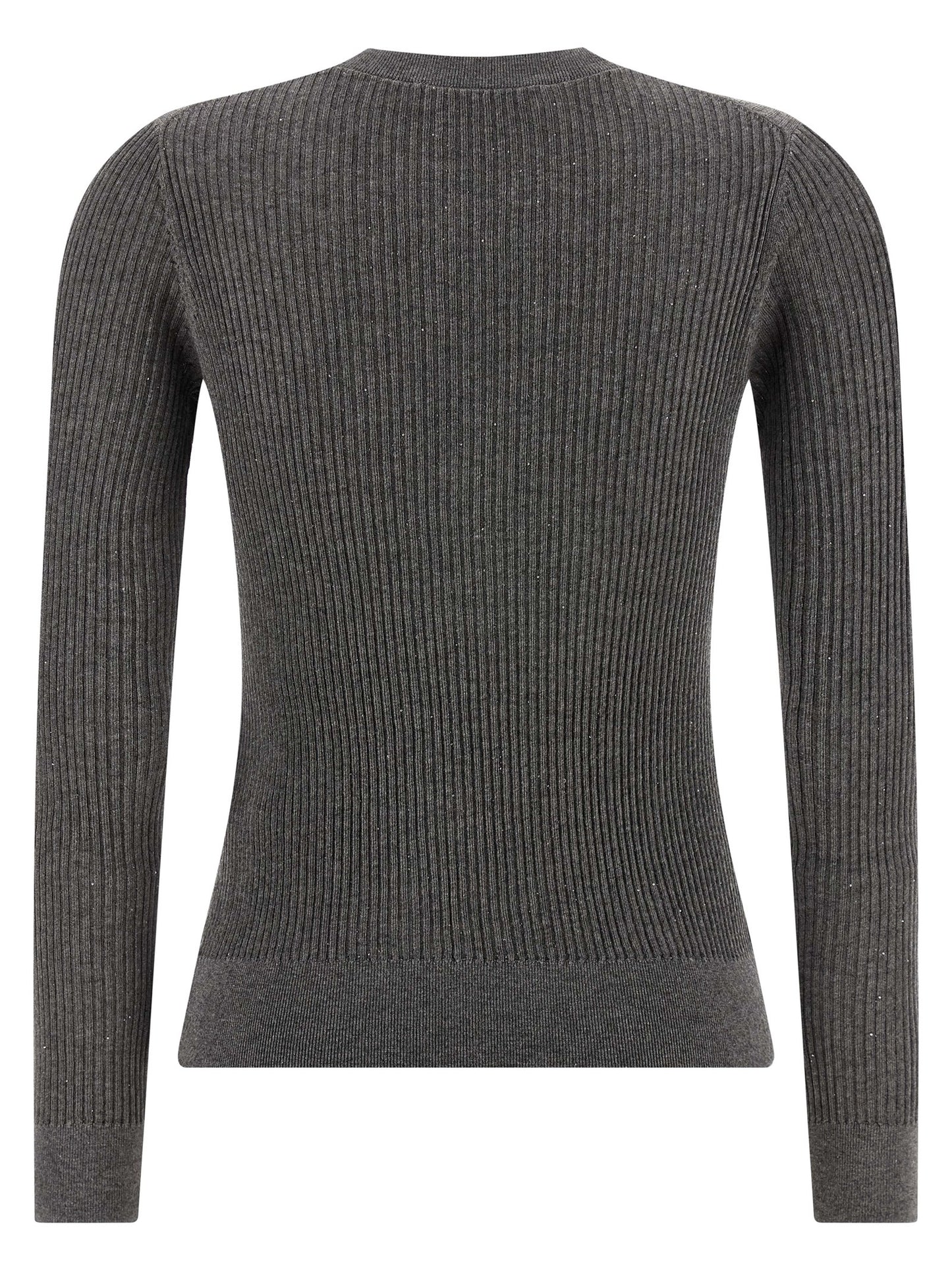 Cardigan by Max Mara for women in silk wool & sequins gray features a dramatic silhouette, showcasing a sophisticated crew neckline and dramatic detail for a timeless, premium look.