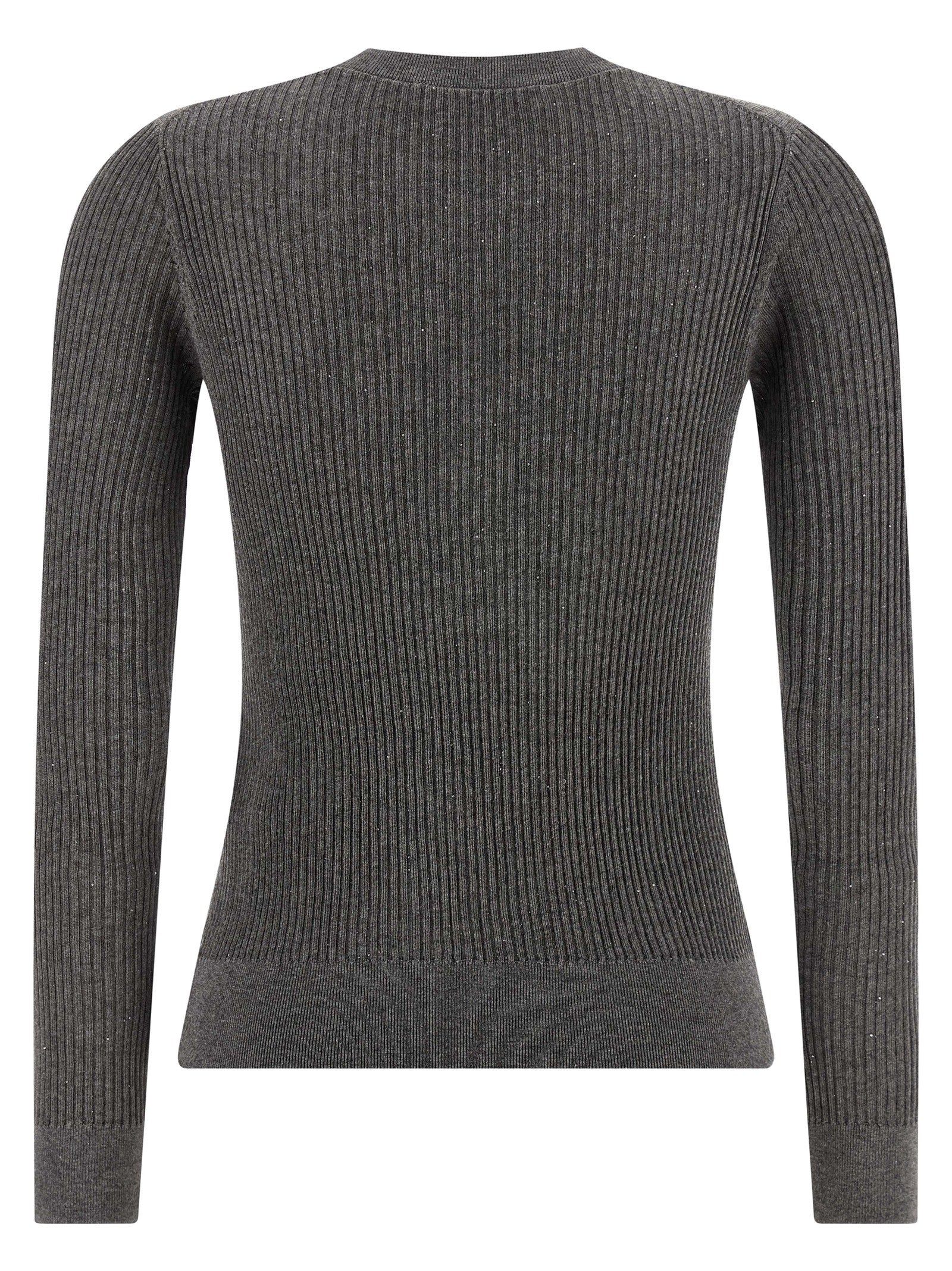 Cardigan by Max Mara for women in silk wool & sequins gray features a dramatic silhouette, showcasing a sophisticated crew neckline and dramatic detail for a timeless, premium look.