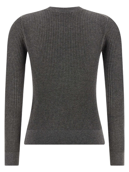 Cardigan by Max Mara for women in silk wool & sequins gray features a dramatic silhouette, showcasing a sophisticated crew neckline and dramatic detail for a timeless, premium look.