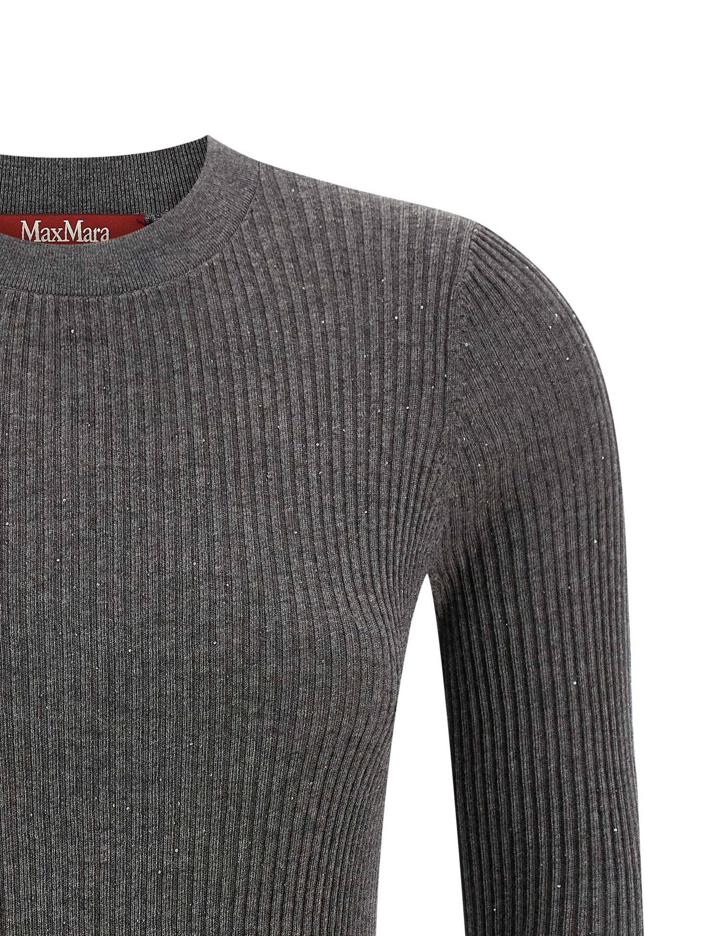 Cardigan by Max Mara for women in silk wool & sequins gray showcases a luxurious silhouette, meticulously detailed with a sophisticated crew neckline and for a refined finish.