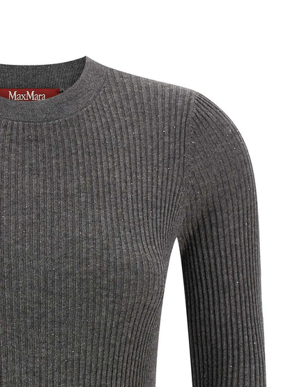 Cardigan by Max Mara for women in silk wool & sequins gray showcases a luxurious silhouette, meticulously detailed with a sophisticated crew neckline and for a refined finish.
