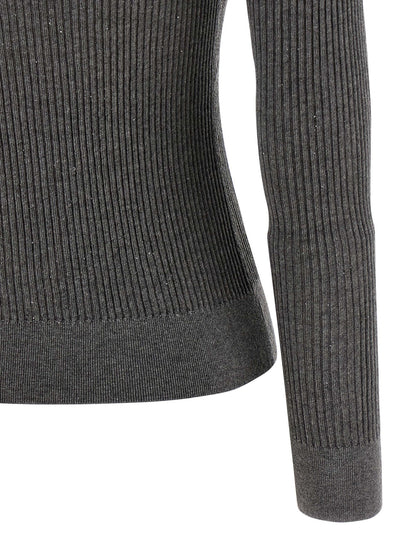 Cardigan by Max Mara for women in silk wool & sequins gray presents a textural silhouette, artfully finished with a textural crew neckline and for a sophisticated, textural look.