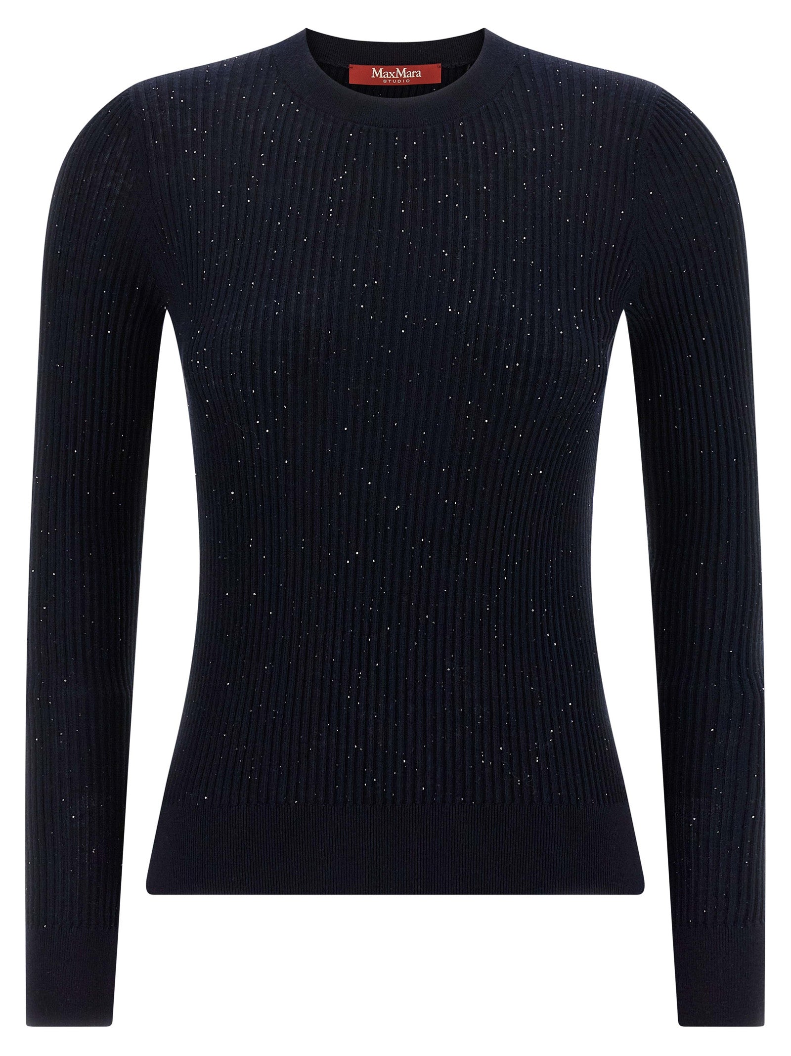 Cardigan by Max Mara for women in silk wool & sequins blue features an impeccable silhouette, showcasing a sophisticated crew neckline and long-sleeve detail for a truly impeccable finish.