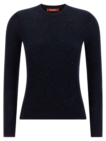 Cardigan by Max Mara for women in silk wool & sequins blue features an impeccable silhouette, showcasing a sophisticated crew neckline and long-sleeve detail for a truly impeccable finish.
