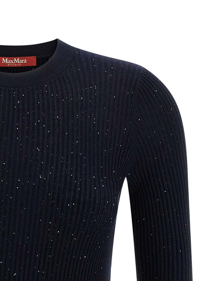 Cardigan by Max Mara for women in silk wool & sequins blue showcases a luxurious silhouette, meticulously detailed with a sophisticated crew neckline and for a refined finish.