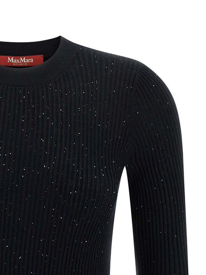 Cardigan by Max Mara for women in silk wool & sequins black presents a textural silhouette, artfully finished with a textural crew neckline and for a sophisticated, textural look.