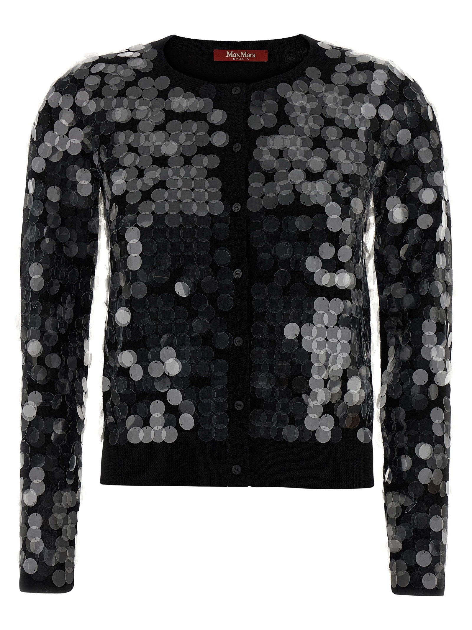 Cardigan by Max Mara for women in virgin wool & sequins black features an impeccable silhouette, showcasing a sophisticated crew neckline and detail for a truly impeccable finish.