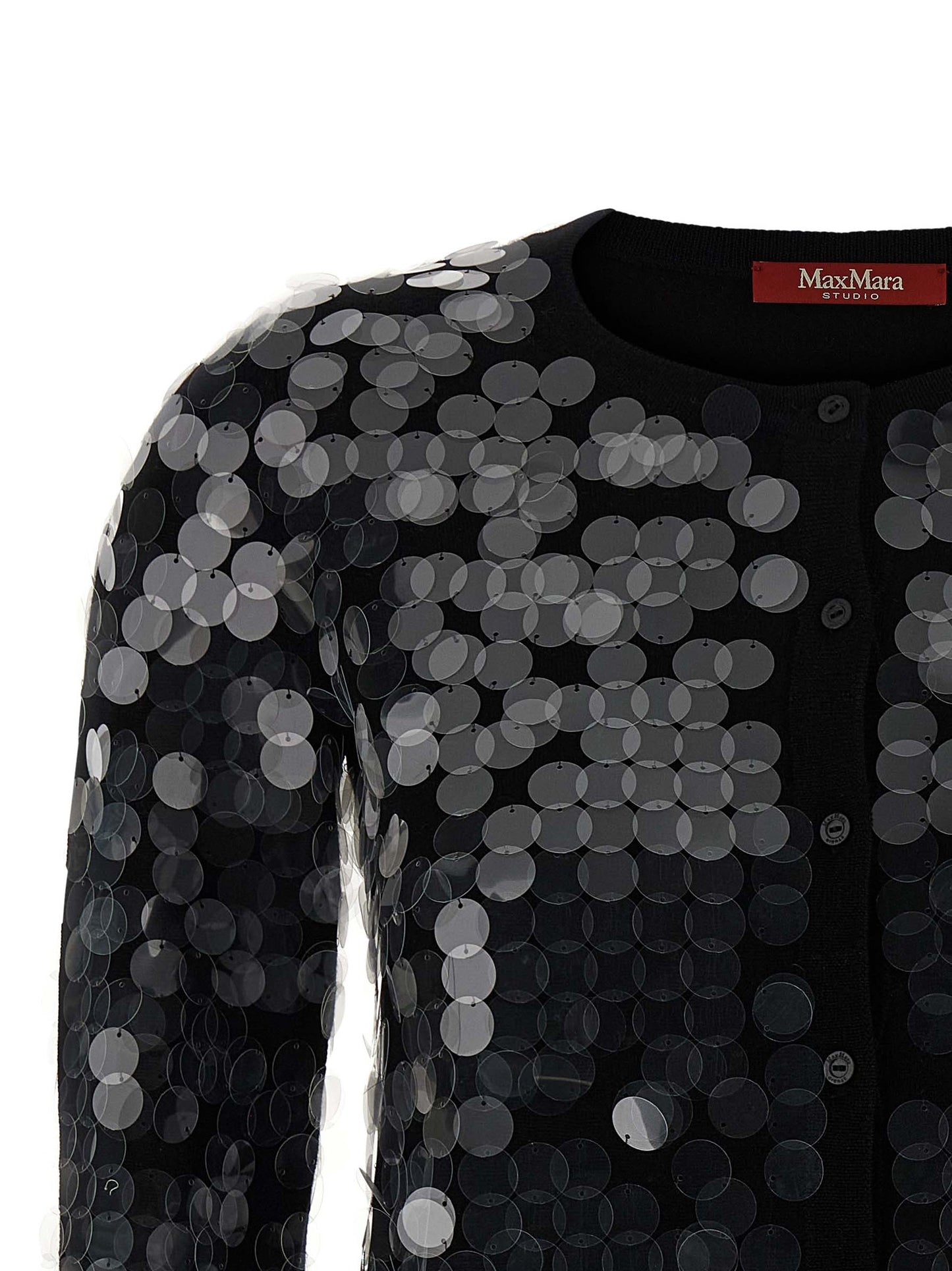 Cardigan by Max Mara for women in virgin wool & sequins black showcases a captivating silhouette, artfully detailed with a captivating and crew neckline for a truly sophisticated captivating look.