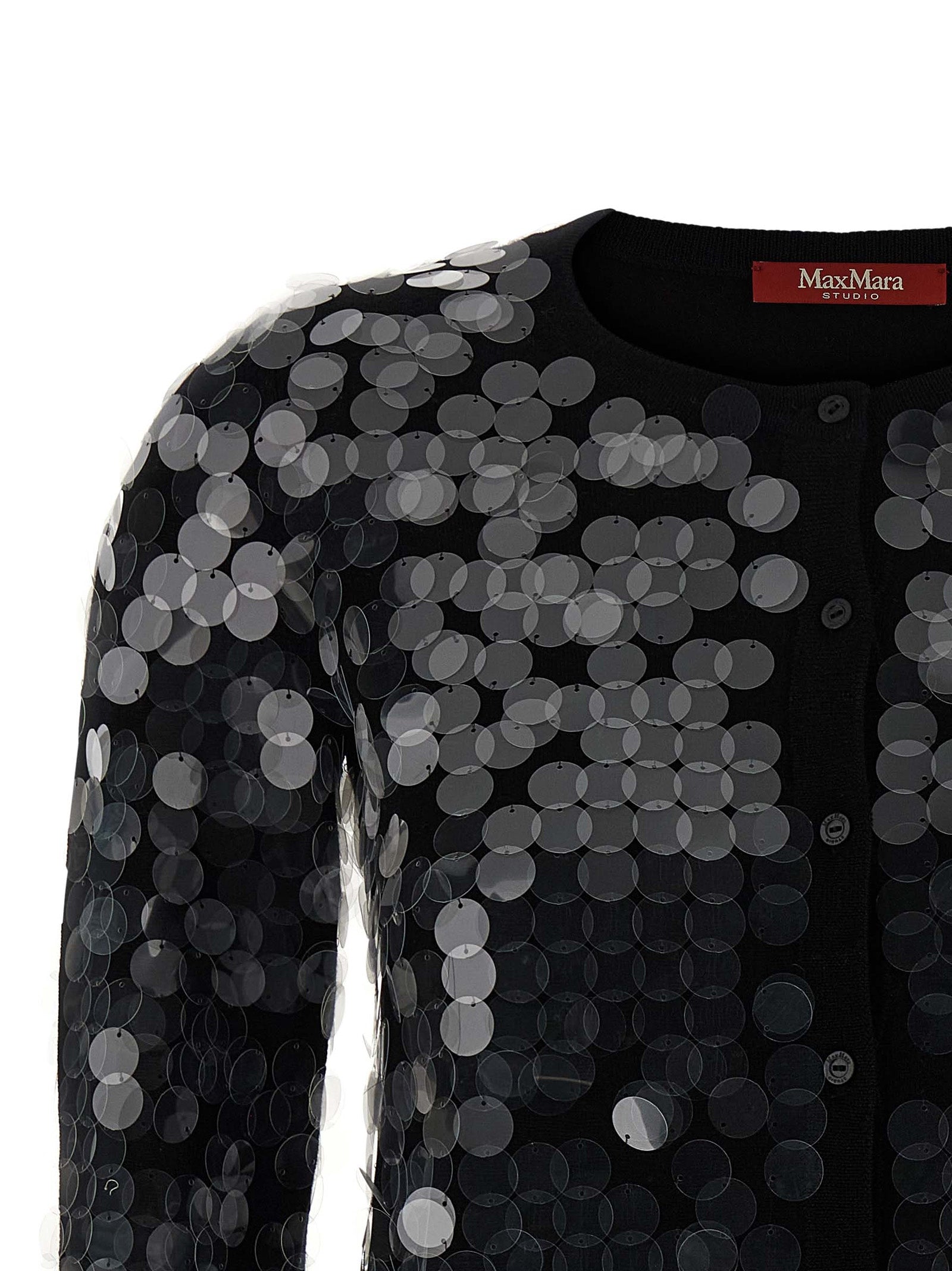 Cardigan by Max Mara for women in virgin wool & sequins black showcases a captivating silhouette, artfully detailed with a captivating and crew neckline for a truly sophisticated captivating look.