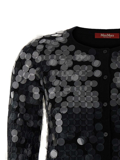 Cardigan by Max Mara for women in virgin wool & sequins black showcases a captivating silhouette, artfully detailed with a captivating and crew neckline for a truly sophisticated captivating look.