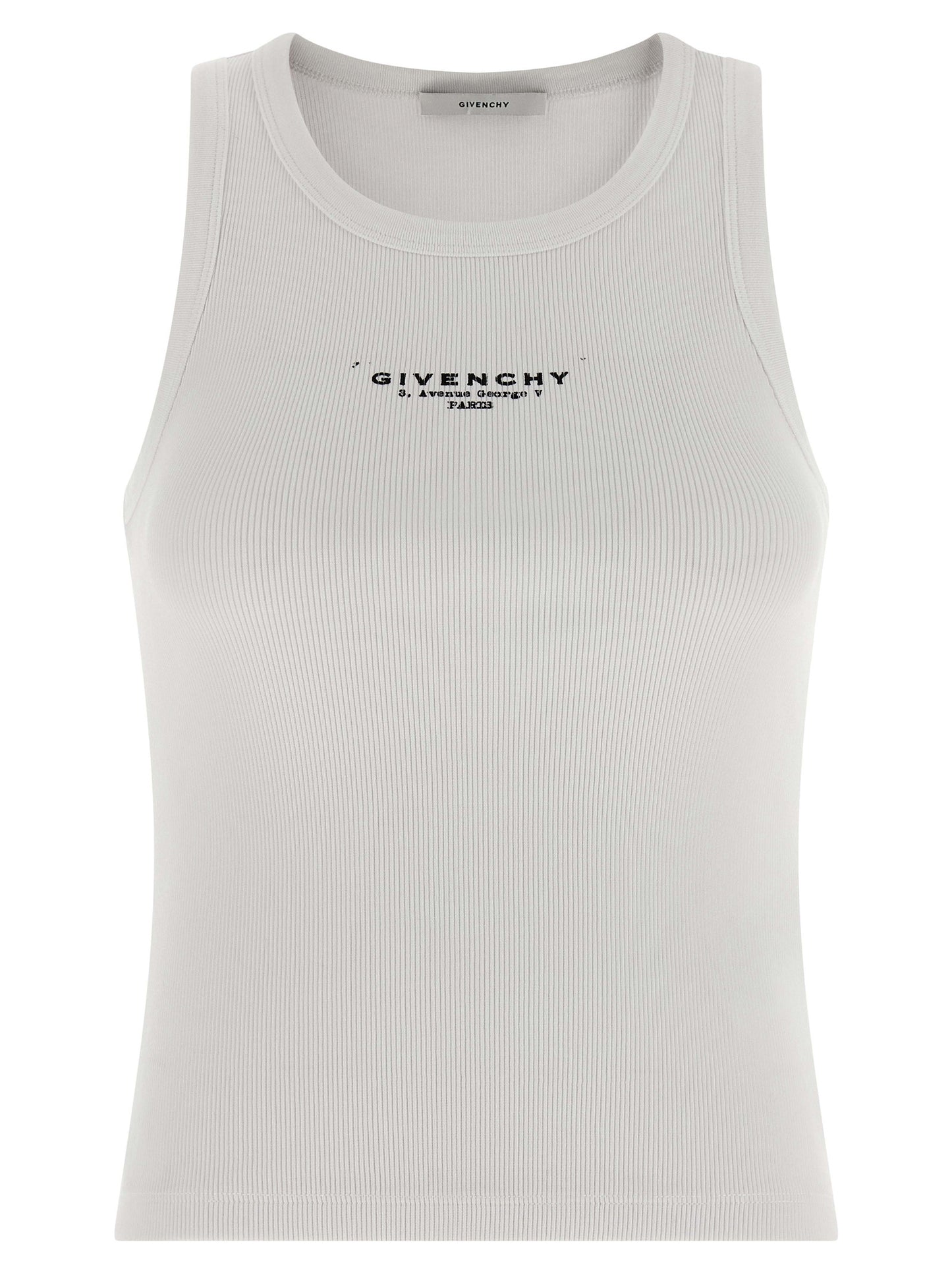 T-Shirt by Givenchy for women in stretch cotton white & print showcases a dramatic silhouette, elegantly detailed with a dramatic round neckline and sleeveless for a truly dramatic finish.