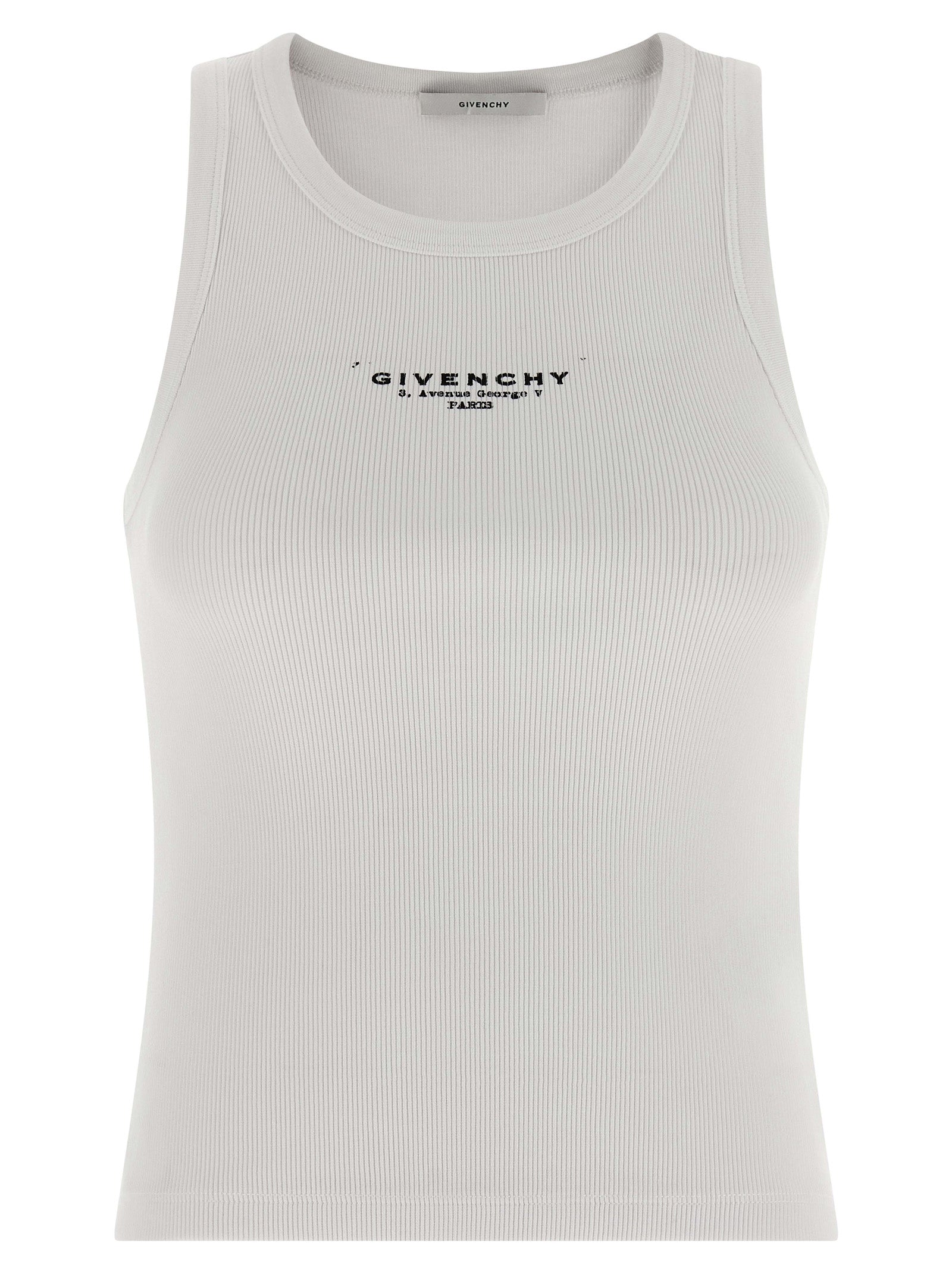 T-Shirt by Givenchy for women in stretch cotton white & print showcases a dramatic silhouette, elegantly detailed with a dramatic round neckline and sleeveless for a truly dramatic finish.