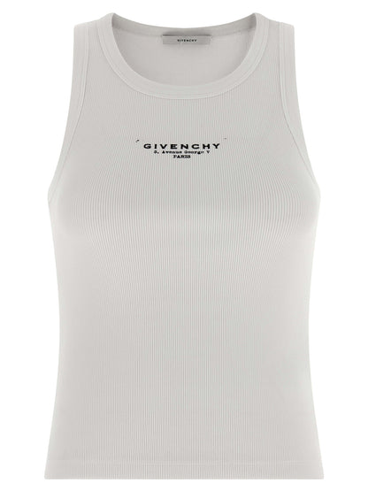 T-Shirt by Givenchy for women in stretch cotton white & print showcases a dramatic silhouette, elegantly detailed with a dramatic round neckline and sleeveless for a truly dramatic finish.