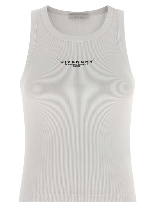 T-Shirt by Givenchy for women in stretch cotton white & print showcases a dramatic silhouette, elegantly detailed with a dramatic round neckline and sleeveless for a truly dramatic finish.
