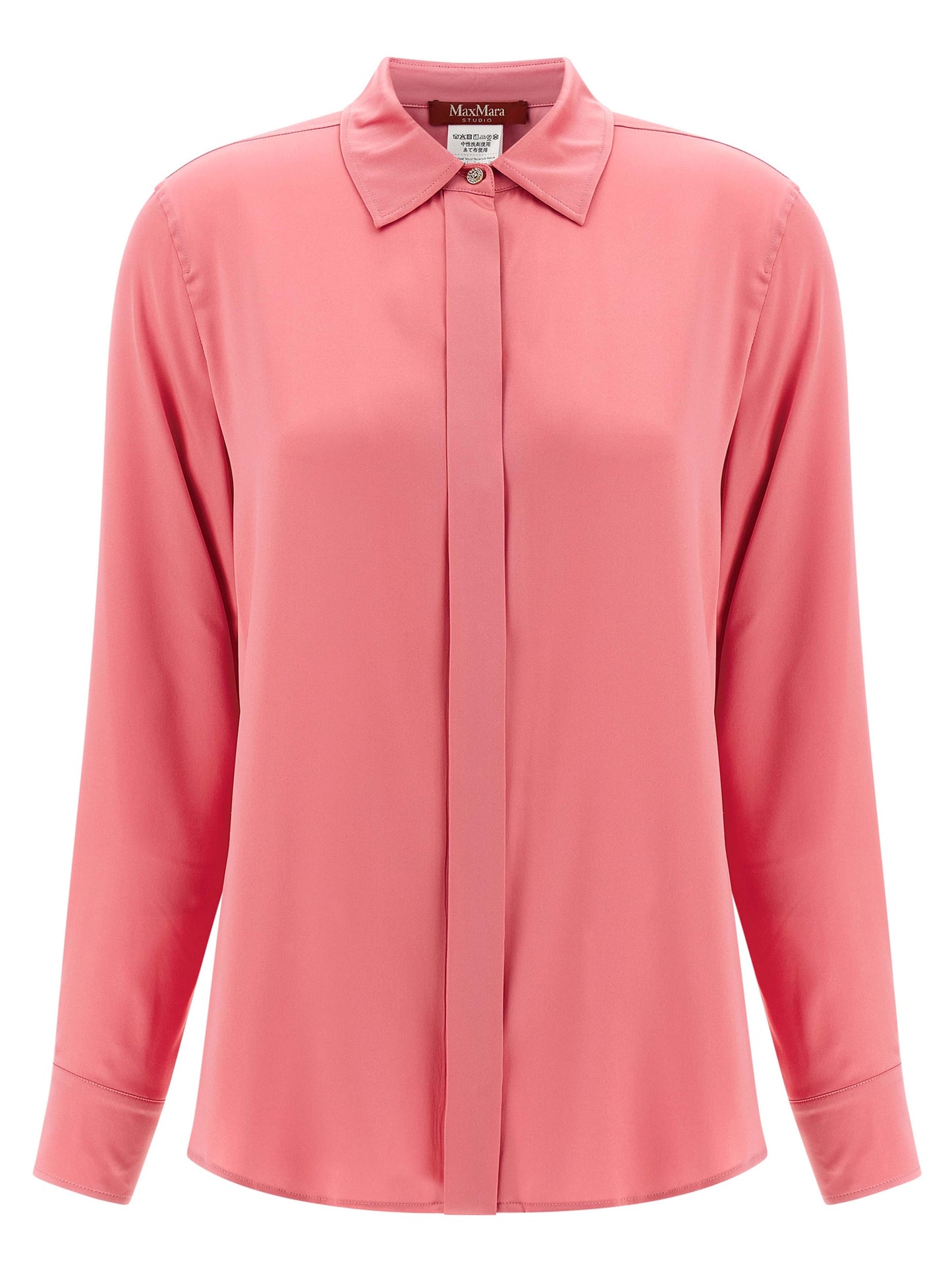 Blouse by Max Mara for women in silk satin multicolor & pink showcases a sharp silhouette, elegantly detailed with a sharp and sharp long-sleeve.