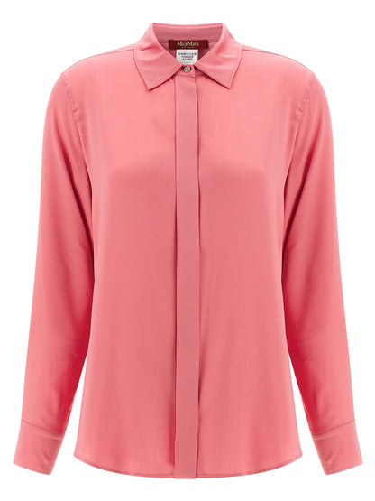 Blouse by Max Mara for women in silk satin multicolor & pink showcases a sharp silhouette, elegantly detailed with a sharp and sharp long-sleeve.