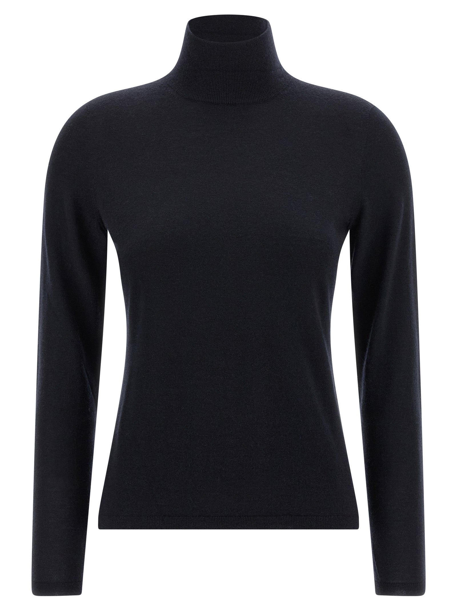 Cardigan by Max Mara for women in cashmere blue showcases a captivating silhouette, artfully detailed with a captivating long-sleeve and turtle high-neck neckline for a truly sophisticated captivating look.